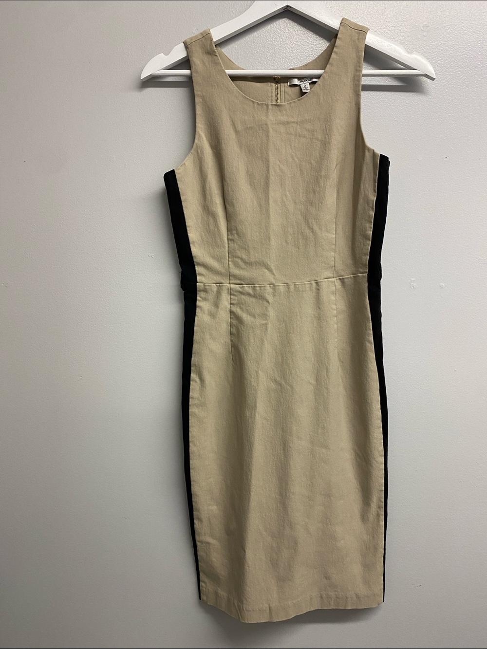 Papaya Beige Midi Sheath Dress with Black Panels